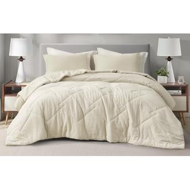 Imagem de Chezmoi Collection Skye Conjunto de edredom fino de musselina 100% algodão, cor natural, reversível, macio, lavado, gaze, respirável, leve, cobertor de verão com enchimento de 130 g/m²