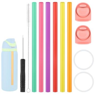 Imagem de Kit de Reposição para Garrafa Owala FreeSip 40oz, Inclui 2 Tampas de Reposição 2 Anéis Vedação 6 Canudos 1 Chave Fenda & 1 Escova Limpeza (Rosa)