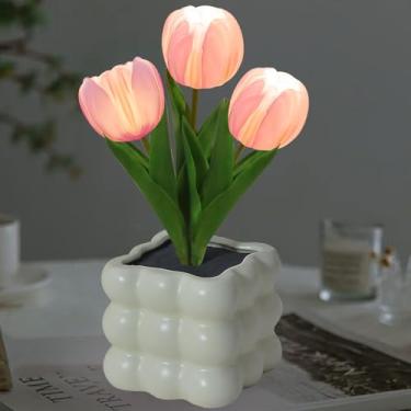 Imagem de Candeeiro de mesa de tulipa, luz noturna de escurecimento contínuo, lâmpada de mesa pequena recarregável por USB, lâmpada de flor artificial de tulipa LED estética para quarto, decoração de sala de