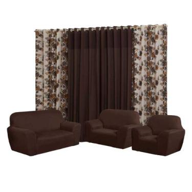 Imagem de Kit Capa para sofá 3, 2 E 1 lugares Coladinha + cortina modelo Florata