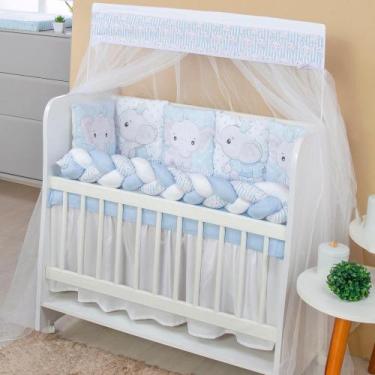 Imagem de Kit Mini Berço 13 peças para Bebê Menino Elefantinho Azul Coroa - AVM 