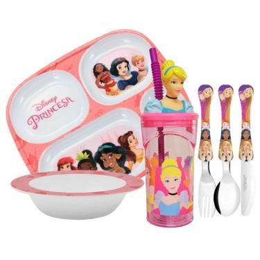 Imagem de Kit Refeição Infantil Princesas Disney 6 Peças Prato Divisória, Tigela, Copo e Talheres - Tuut
