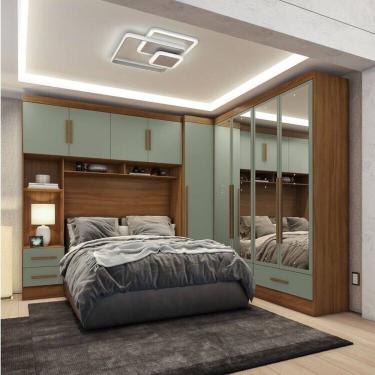 Imagem de Quarto Modulado Casal 4 Peças 5 Portas 4 Gavetas com Maleiro e Espelhos Smart Plus Espresso Móveis Cinamomo / Verde