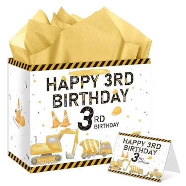 Imagem de EIGHTSTATES Caminhão basculante, bolsa de presente de terceiro aniversário, grande construção, bolsa de presente de terceiro aniversário com cartão, papel de seda dourado, material de decoração para