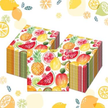 Imagem de 100 guardanapos de papel de frutas – design de frutas com melancia, morango, limão e frutas, utensílios de mesa descartáveis de frutas para almoços para casamento, festa de aniversário, chá de bebê