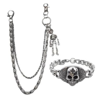 Imagem de AMZNEVO Conjunto de corrente e pulseira de jeans punk esqueleto, corrente de calça com pingente de esqueleto e pulseira de caveira de aço inoxidável para homens e mulheres