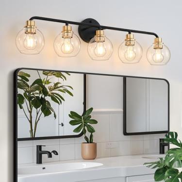 Imagem de Luminária de banheiro com 5 luzes, luminárias de banheiro pretas e douradas com sombra de vidro transparente, arandelas de parede modernas, iluminação de banheiro, lâmpada para espelho, cozinha, sala