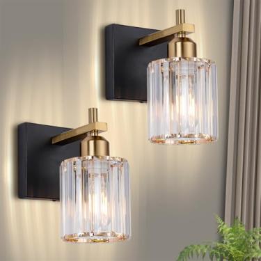 Imagem de Conjunto de 2 arandelas de parede em ouro preto: luzes modernas com sombra de vidro cristal, arandelas de banheiro, luminárias de parede de cristal para espelho de banheiro, sala de estar, quarto
