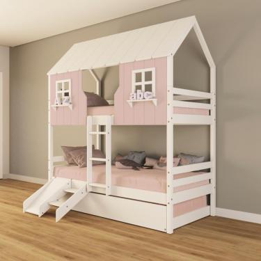 Imagem de Treliche Casinha Encantada Com Kit Escada/ Escorregador Madeira Maciça Rosa/ Branco Housin