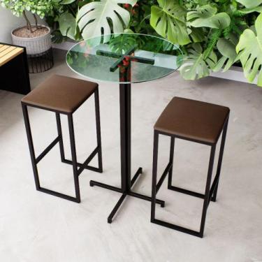 Imagem de Conjunto Mesa Alta Bar Bistrô Redonda Vidro 2 Bancos Estofado Industri
