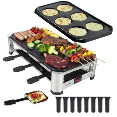 Imagem de TAMARIT Grelha Raclette para 8 pessoas, grelha elétrica para festa com grelha antiaderente e placas de crepe, 8 formas e espátulas, 1500 W (interior), aço inoxidável