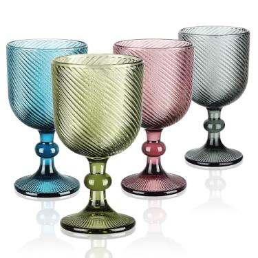 Imagem de Joeyan Taças de vinho vintage, taças de água em relevo caneladas, taças de vinho coloridas com haste para decoração de mesa de casamento, festa de Natal, 340 g, conjunto de 4, pode ser lavado na