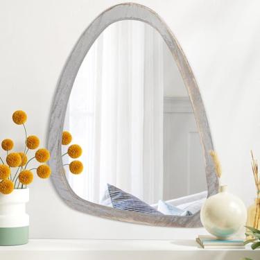 Imagem de Espelho de madeira assimétrico com moldura oval irregular espelhos vintage para parede sala de estar quarto entrada corredores moderno exclusivo decorativo artístico espelho cinza