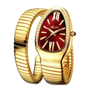 Imagem de DAXIAOYU Relógio clássico em forma de cobra, pulseira escalável, dourado, prata, relógios femininos, diamantes brilhantes, quartzo, relógio de pulso feminino, Dourado, vermelho