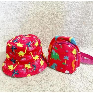 Imagem de Kit Chapéu Boné Bucket Mais Mochila Dupla Face Feminino Moda Praia Infantil vermelho Estampado