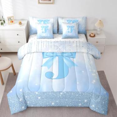 Imagem de Feelyou Conjunto de edredom com laço azul, 7 peças, tamanho casal, letra J, para crianças, meninos, meninas, princesa, glitter, laço fofo, alfabeto, respirável, macio