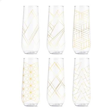 Imagem de TOSSWARE Pop 255 g Flauta Linear Gold Series, conjunto de 6, copos de champanhe estampados, recicláveis, inquebráveis e de plástico transparente