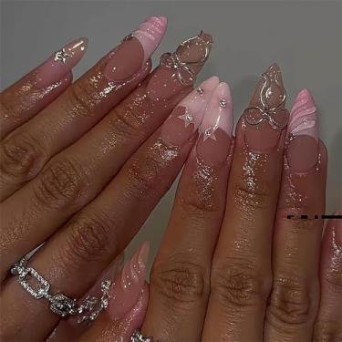 Imagem de RTKHFZE Unhas prensadas de amêndoa com design médio 3D, unhas de acrílico falso com ponta francesa, unhas de cobertura completa outono/inverno para mulheres/formaturas/festas/feriados (nude)