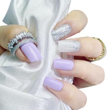 Imagem de Unhas postiças com base branca quadrada com glitter prateado e lavanda sólida | Qualidade de salão | Kit de 24 unhas - 12 tamanhos com 48 abas de geleia | Unhas postiças reutilizáveis duráveis e