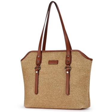 Imagem de Blucoay Bolsa de palha para mulheres, bolsas femininas com bolsos com zíper, bolsas de ombro de praia de verão para uso diário, viagens, trabalho, A02-damasco marrom, 14.96 x 4.72 x 11.81 inches