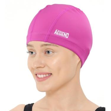 Imagem de Aegend Touca de natação de tecido, camada impermeável de silicone - touca de natação de tecido respirável, mantém o cabelo seco com alta elasticidade para adultos, 3 tamanhos para escolher (rosa