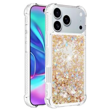 Imagem de Capa de telefone à prova de choque para iPhone 17 Pro com glitter líquido de areia movediça e corações flutuantes, capa de TPU de camada dupla reforçada com 4 cantos, protetor de telefone seguro
