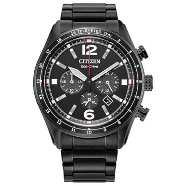 Imagem de Citizen Relógio masculino casual esportivo Eco-Drive, pulseira preta de aço inoxidável, mostrador preto, cronógrafo, data (modelo: CA4655-52E)