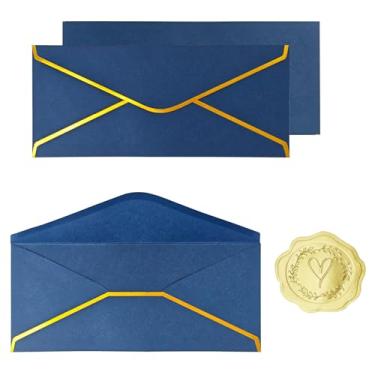 Imagem de Pacote com 30 envelopes de negócios nº 10 com borda dourada e adesivos, envelopes padrão autoselados de 24 x 10 cm para escritório, cartas, cheques, faturas, documentos (azul marinho)