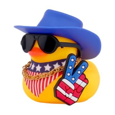 Imagem de wonuu Ornamentos de carro de pato de borracha bandeira americana cachecol painel decorações com chapéu de cowboy acessórios Dia da Independência, sinal A-V azul