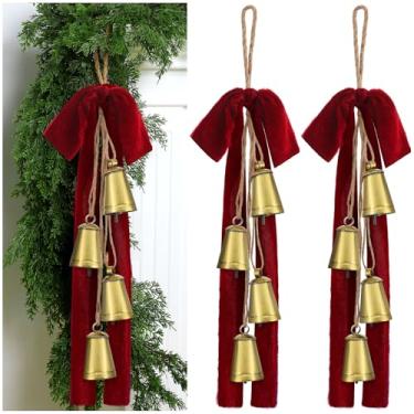 Imagem de Moxweyeni 2 peças de sinos de vaca de Natal com laço de veludo, sinos vintage de 45 cm com corda de suspensão de juta ornamentos dourados rústicos para guirlandas de gota, decoração de porta de parede