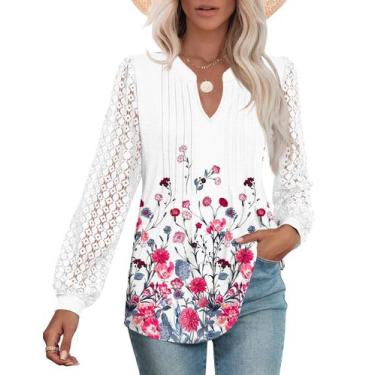 Imagem de Blusa feminina Micoson com decote em V, renda, manga comprida, branca,
