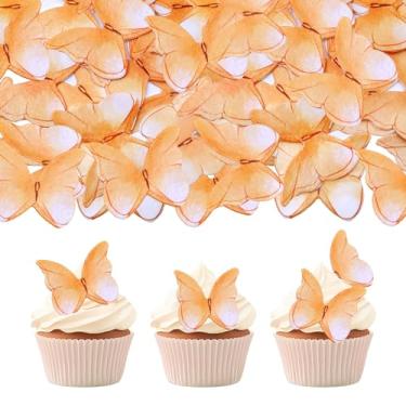 Imagem de 52 pieces edible wafer paper butterfly cake decoration, suitable for weddings, birthdays, Christmas parties to decorate cookies, donuts, cocktails, cupcake tops (Watercolor orange)