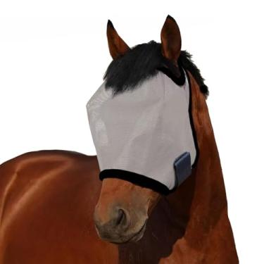 Imagem de Máscara de mosca de cavalo cinza grande espaço respirável proteção UV conforto máscara de malha de rosto inteiro com alça ajustável para cavalos