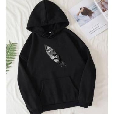 Imagem de Blusa Moletom Leão Pena Algodão Masculino e Feminino Canguru Flanelado