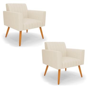 Imagem de Kit 2 Poltronas Viena Gomada Linho Bege A19 Pés Palito Castanho - D'Rossi