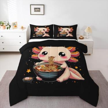 Imagem de Erosebridal Jogo de cama kawaii Axolotl, fofo, salamandra, Queen, para crianças, adolescentes, desenho animado, comida, edredom costeiro, oceano, preto