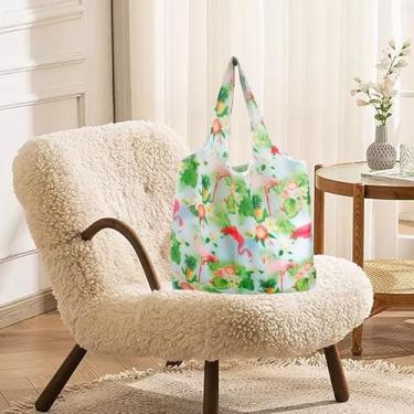 Imagem de Sacola de compras reutilizável dobrável no bolso, sacola ecológica à prova d'água e lavável à máquina, bolsa reciclada compacta para mantimentos diários, viagens, produtos e armazenamento flamingo
