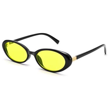 Imagem de Óculos de sol ovais retrô para mulheres anos 90 Sunnies vintage armação pequena estilo cateye Y2K óculos de sol modernos, Armação preta/lente amarela, 53MM