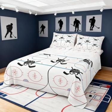 Imagem de Jogo de lençol Queen infantil de estádio de hóquei, pista de hóquei no gelo, para meninos e meninas, adultos, para amantes de esportes de inverno, abstrato, branco vívido, 4 peças (lençol com elástico