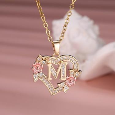 Imagem de Colar feminino com pingente de coração e flor, 26 letras, ouro de aço inoxidável - joia personalizada em tom, Onesize, Aço inoxidável, Strass