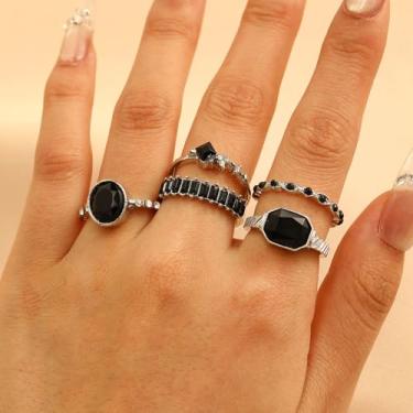 Imagem de Conjunto de 5 anéis empilháveis de cristal preto para uso diário sem esforço – Misture, combine manifeste seu humor, Liga de aço, Sem pedra preciosa