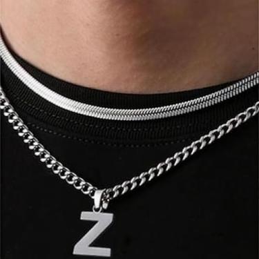 Imagem de Coleção de 26 colares com pingente de alfabeto em camadas, design de corrente dupla (cobra e elos cubanos), joias urbanas hip hop para uso diário e casual, One Size, Aço inoxidável, Sem Pedra Preciosa