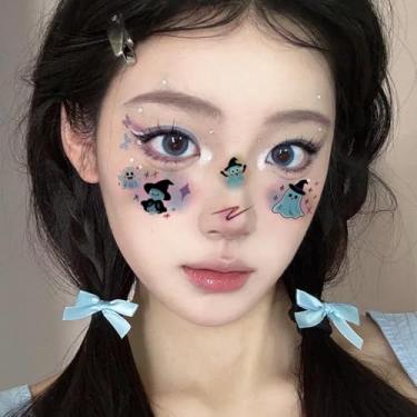 Imagem de Pacote com 12 adesivos de rosto de Halloween, decoração de maquiagem - 6 cm C x 16 cm L, 12 exclusivos estilo adulto A