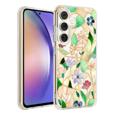 Imagem de Unov Capa compatível com Galaxy A54 5G transparente com flor de vidro manchado floral feminino design TPU macio absorção de choque fina padrão em relevo capa protetora traseira