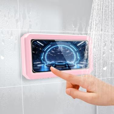 Imagem de Suporte de telefone rosa giratório de 480° para chuveiro, capa à prova d'água, antiembaçamento, alta sensibilidade, caixa de montagem para parede do banheiro, espelho, banheira e cozinha