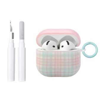 Imagem de COTYPOFLIYTT Compatível com AirPods 4ª geração com kit de limpeza, lindo design estético xadrez feminino chaveiro capa protetora de TPU macio para AirPods 4 - xadrez rosa