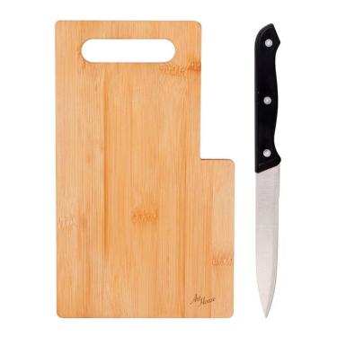 Imagem de Kit Tabua De Corte Carne Madeira Bambu Com Faca Churrasco