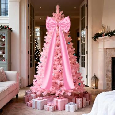 Imagem de Arco de enfeite de árvore de Natal, laços gigantes de camada dupla, decorações de Natal, guirlanda de Natal para decoração de parede, decoração de festa de casamento de aniversário (laço rosa, 128 cm)