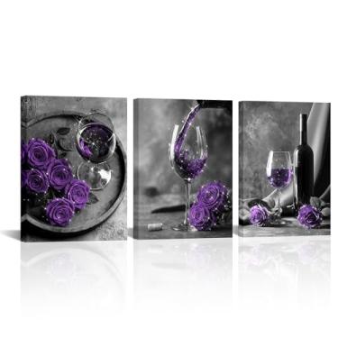 Imagem de Visual Art Decor Arte de parede de cozinha, rosa, pintura de taça de vinho, pôster para decoração de parede de sala de jantar, emoldurado 30 x 40 cm x 3 peças (roxo)
