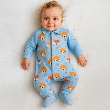 Imagem de Macacão Manga Longa Vira Pé Bebê Menino  Estampa Ursinho e Raposa RN a